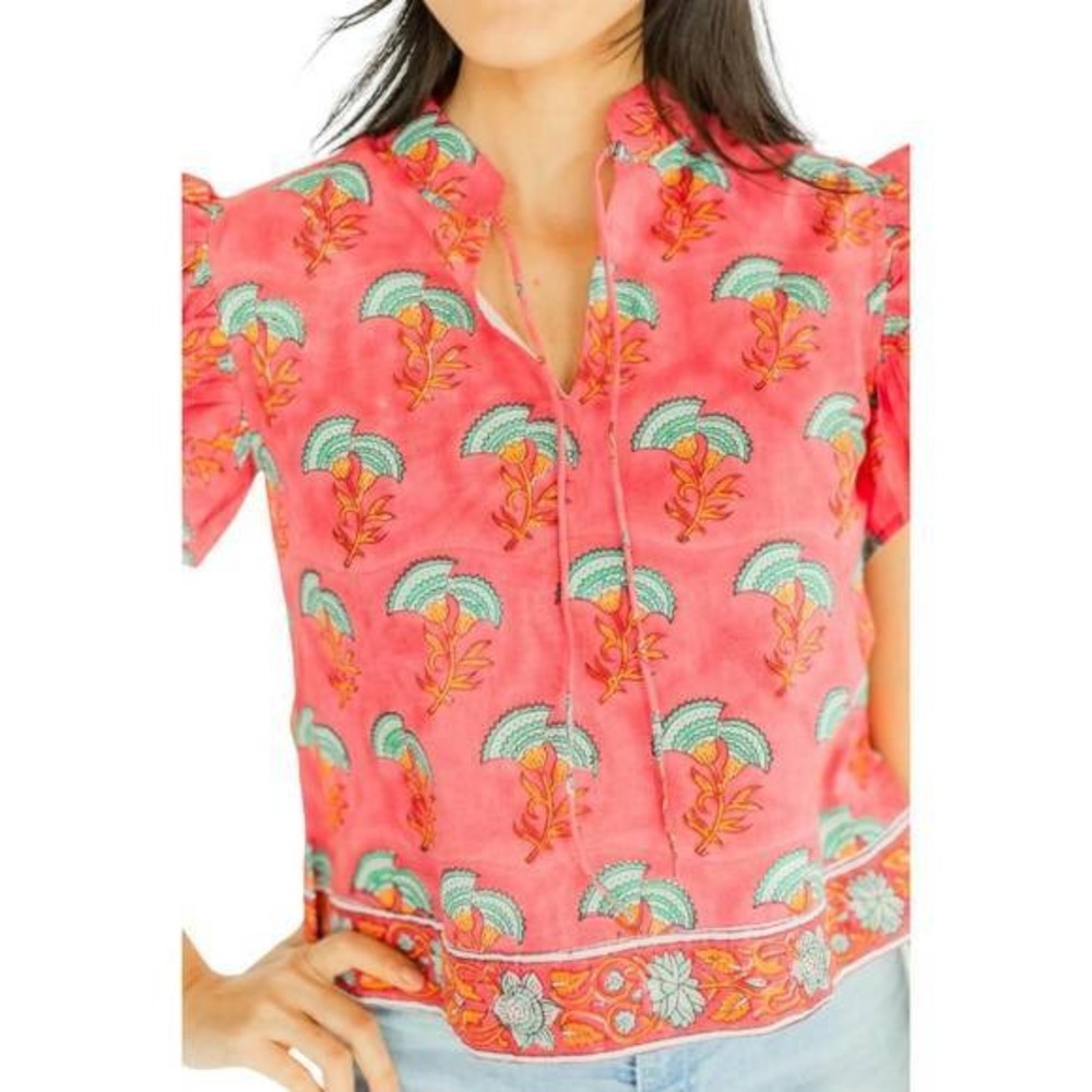Victoria Dunn Sadie Blouse Women S Pink Blooming Dahlia Ruffle Sleeve Cotton Top